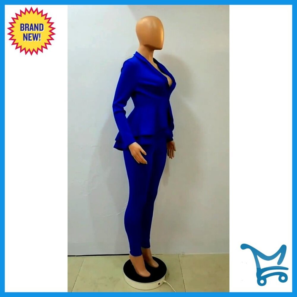 Women's Deep V Neck Ruffle Blazer Two Piece Suit Set Long Sleeve Pants - Picture 6 of 6
